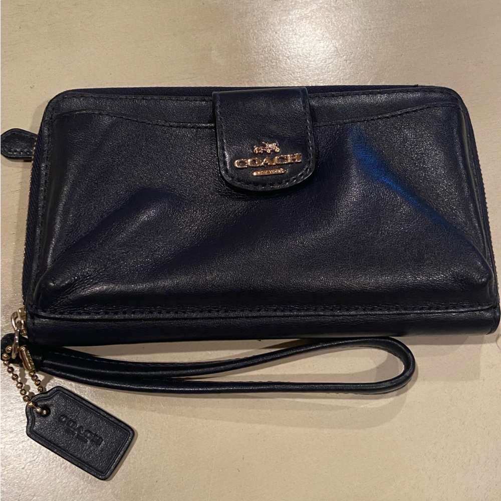 Vintage Coach Wristlet Navy Blue Leather Wallet Gold Hardware